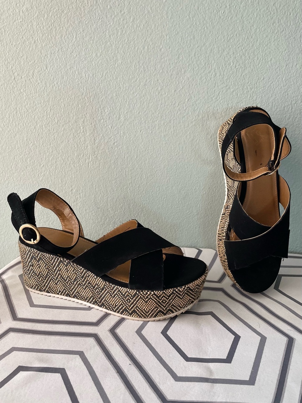 Report | Peppermint Crisscross Black Faux Suede Platform Wedge Sandal